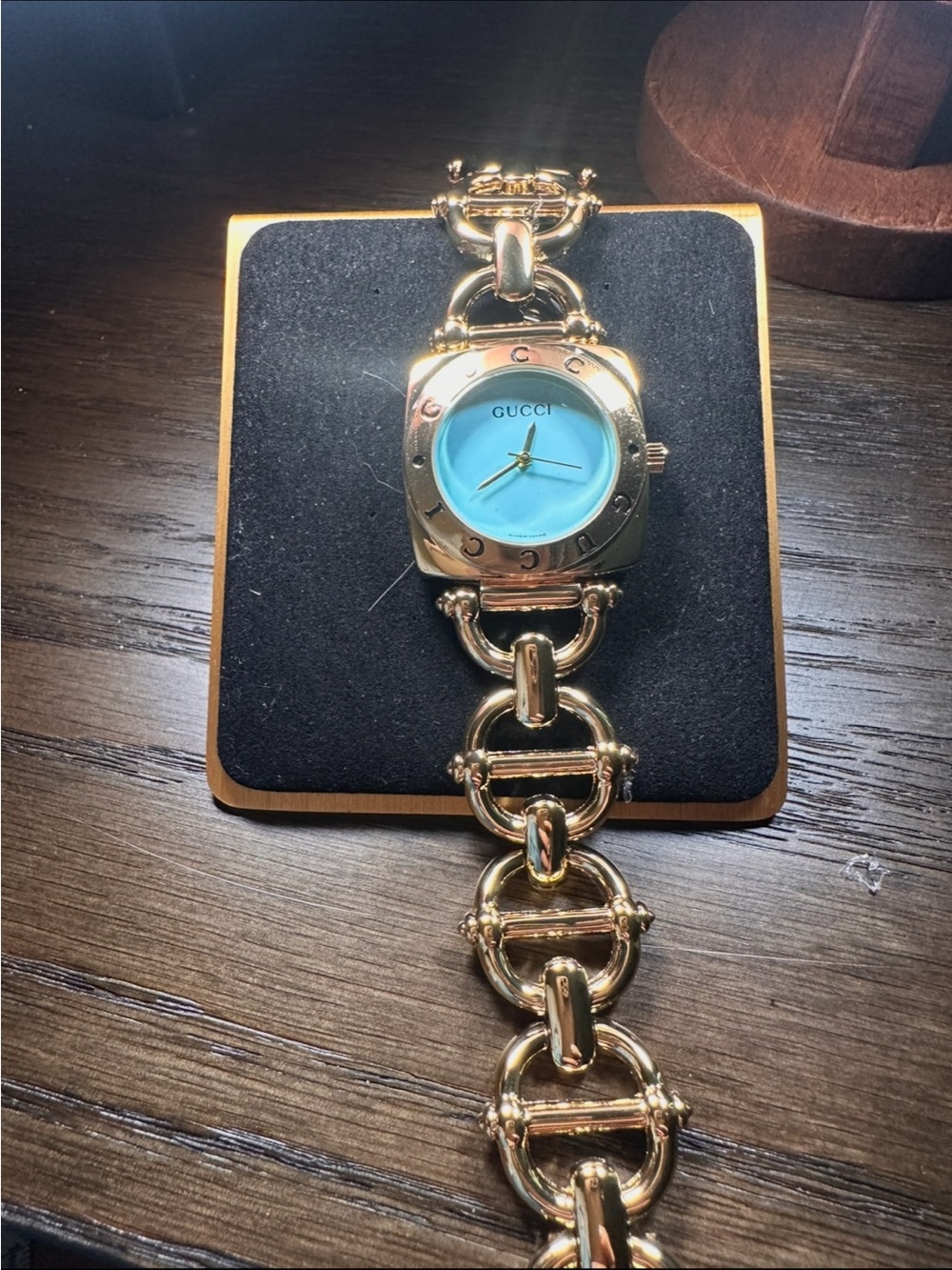 Gold-Tone Bracelet Watch with Aqua Blue Dial
